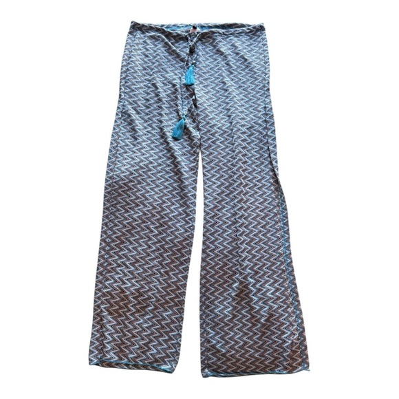 BECCA Blue Jacquard Crochet Beach Pants Size M Drawstring Wide Leg Slit - Picture 1 of 7